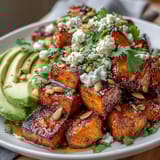 This vibrant Hot Honey Sweet Potato Bowl showcases golden sweet potatoes, creamy avocado slices, and a drizzle of spicy-sweet hot honey.