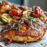 A colorful sheet pan dinner with juicy chicken, zucchini, and cherry tomatoes roasted to perfection.
