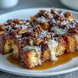 Traditional Mexican bread pudding with toasted bread, piloncillo syrup, and cheese, topped with nuts and dried fruits.