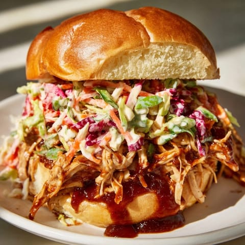 Pulled Chicken Sandwich with tender barbecue chicken piled high on a soft brioche bun and topped with creamy slaw.  