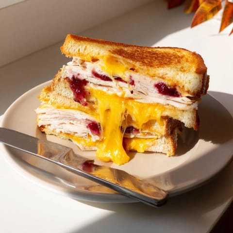 Golden toasted sourdough slices stacked with smoked turkey, sharp cheddar, and a vibrant cranberry spread, melted and ready to serve.