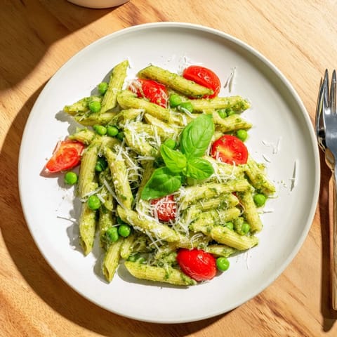 Green pesto pasta salad tossed with fresh basil leaves, ready for a summer picnic or potluck on a checkered blanket.