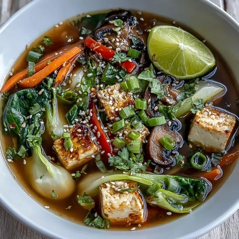 Warm bowl of Tofu and Vegetable Soup with silken tofu cubes, julienned carrots, and tender bok choy leaves floating in a savory, gingery broth.