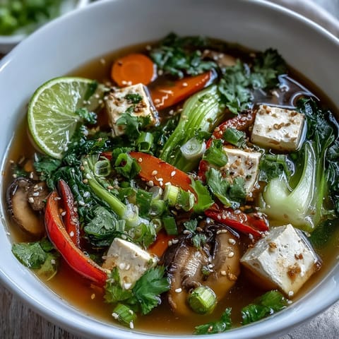Steam rises from a vibrant serving of Tofu and Vegetable Soup featuring shiitake mushrooms and red bell pepper, garnished with fresh cilantro and sesame seeds.