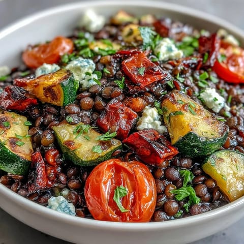 A close-up of Black Lentil Salad with Roasted Vegetables showcasing caramelized bell peppers and zucchini on a rustic wooden table.  