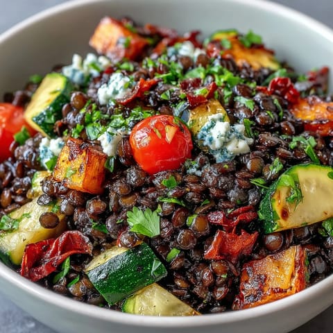 Hearty Black Lentil Salad with Roasted Vegetables served warm in a white ceramic bowl, garnished with fresh parsley and feta.  