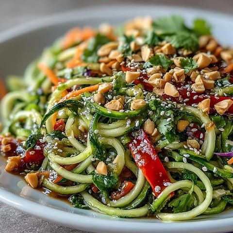 Bright spiralized zucchini, carrot, and cucumber noodles tossed with crisp red cabbage and bell peppers in a zesty sesame-ginger dressing.  