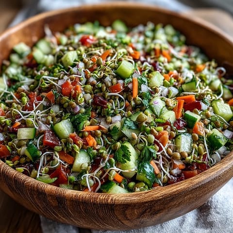 A close-up of a vibrant Sprouted Seed Salad with mung bean, alfalfa, and radish sprouts mixed with crisp cucumber, tomato, and bell pepper.