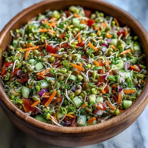 Hearty bowl of Sprouted Seed Salad tossed with grated carrot, red onion, and cilantro, dressed lightly for a fresh vegan meal.