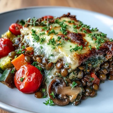 A close-up of golden-brown Green Lentil and Vegetable Casserole fresh from the oven, topped with melted cheese and fresh parsley.