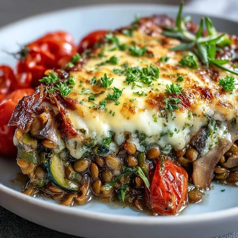 Steam rises from a hearty Green Lentil and Vegetable Casserole served in a white dish, accompanied by crusty bread on the side.