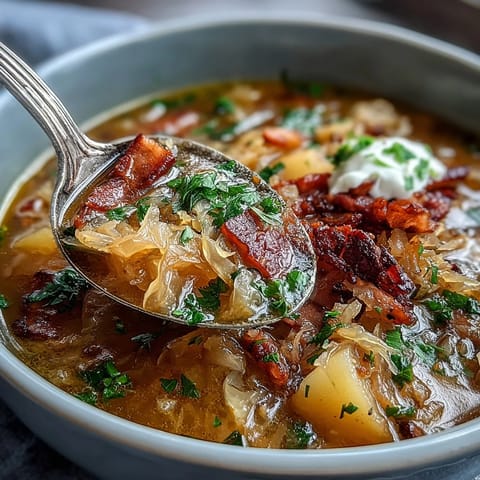 Hearty Sauerkraut Soup simmering on the stove with smoked sausage and root vegetables.