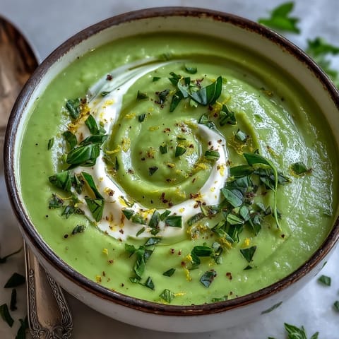 Velvety Zucchini Soup in a rustic bowl, garnished with fresh herbs and a lemon zest swirl.
