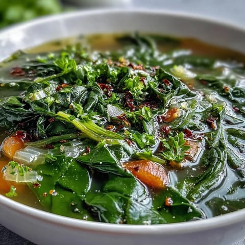 A steaming bowl of Swiss Chard Soup topped with fresh parsley and a wedge of lemon.