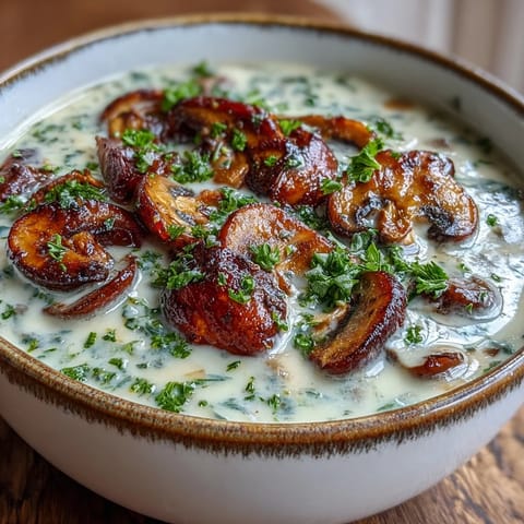 Earthy mushroom soup simmering with thyme, carrots, and celery in a rustic pot, ready for a cozy dinner.