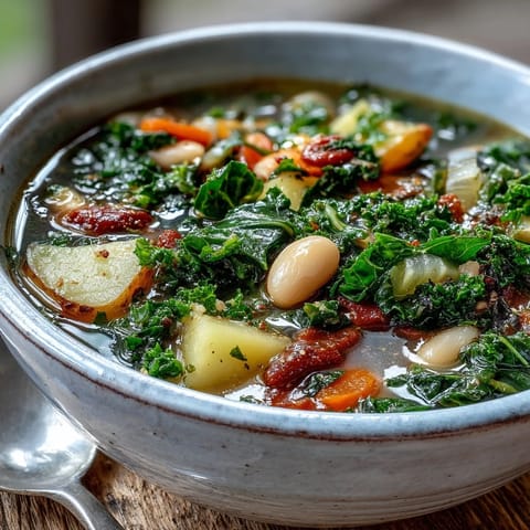 Steaming bowl of homemade Kale Soup with tender kale, carrots, and creamy cannellini beans in rich broth.