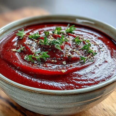 Vibrant, velvety roasted beet soup served hot with crusty bread for a comforting meal.