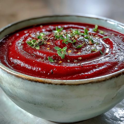 Creamy roasted beet soup in a white bowl, garnished with thyme and a swirl of cream.