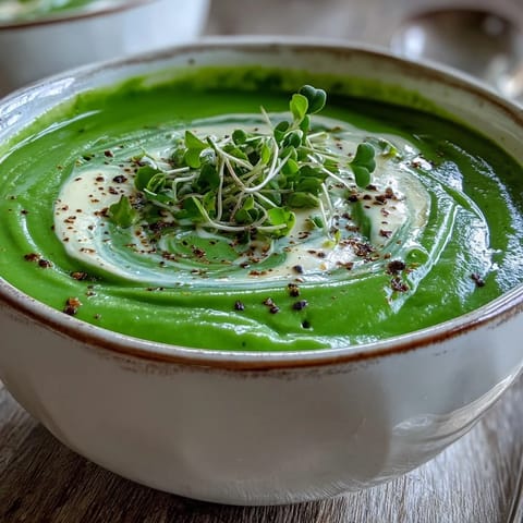 Creamy Spinach Soup served warm in a white bowl, garnished with a swirl of cream and fresh pepper.