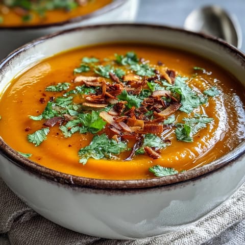 Creamy orange Carrot and Coconut Soup in a white bowl, topped with toasted coconut flakes and fresh cilantro, steam rising gently.