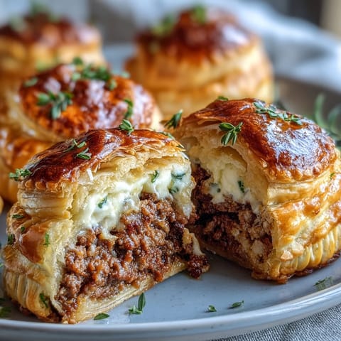 A close-up view of a mini beef tourtière, broken open to reveal the rich ground beef and aromatic allspice and cinnamon filling.