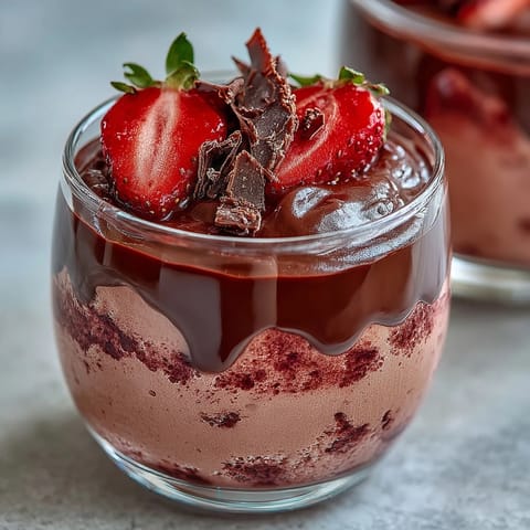 Visually impaired user viewing a vibrant image: A clear glass serving dish holds a layered Chocolate-Covered Strawberry Mousse. The bottom layer is a rich, glossy, dark brown chocolate ganache. Above it sits a fluffy, pale pink strawberry mousse. On top, a fresh strawberry half and a delicate mint leaf garnish the dessert.