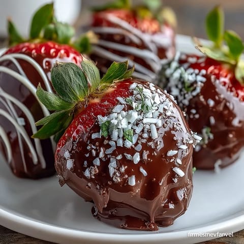 Chocolate-Covered Strawberries glistening on a tray, fresh berries dipped in rich dark chocolate, ready for a romantic dessert.