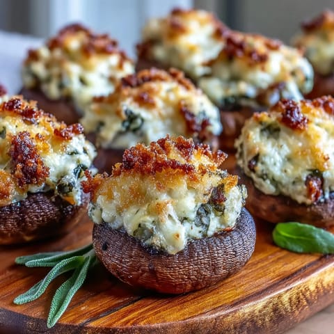 A close-up of a serving platter showing Stuffed Asiago-Basil Mushrooms, ideal for an elegant Italian appetizer spread.