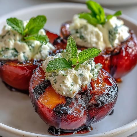 Warm grilled plums with goat cheese and mint garnish, served as an elegant appetizer.