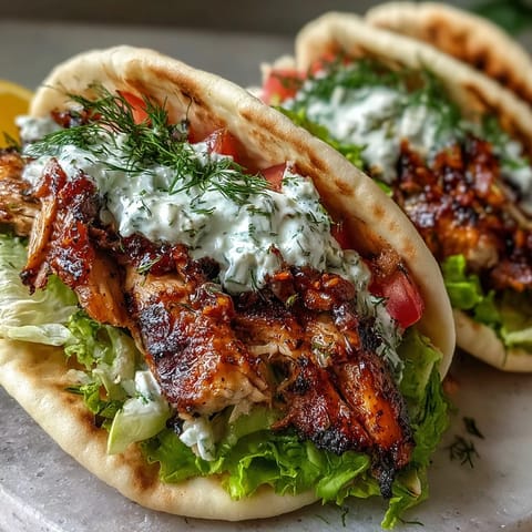 Grilled Mediterranean Chicken Gyros ready to assemble with creamy feta tzatziki.