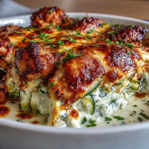 Freshly baked High Protein Chicken Zucchini Bake with golden mozzarella and zucchini layers in a white dish.