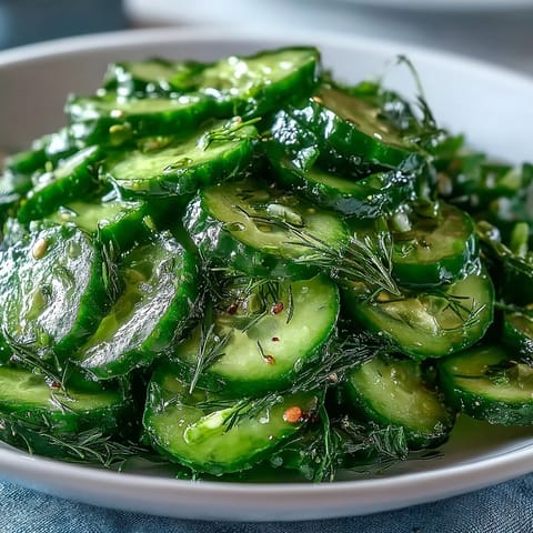 Bright and tangy crunchy cucumber salad served on a plate, garnished with sesame seeds and fresh herbs, perfect for a light vegetarian lunch.