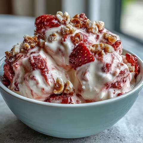 Strawberry & Banana Yoghurt Clusters on a chilled tray, displaying the easy frozen dessert with vibrant red fruit pieces and golden banana chips.