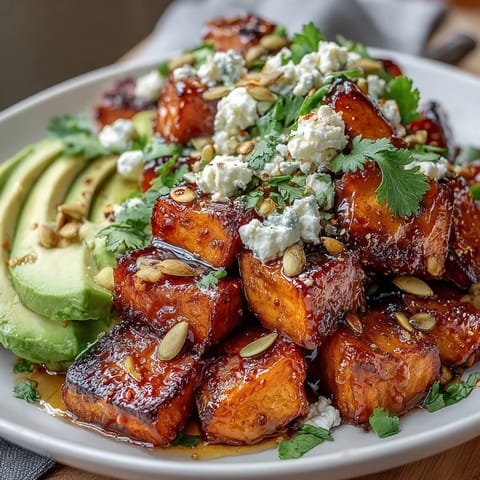 This vibrant Hot Honey Sweet Potato Bowl showcases golden sweet potatoes, creamy avocado slices, and a drizzle of spicy-sweet hot honey.