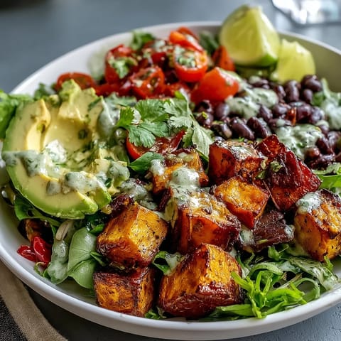 A beautifully plated Sweet Potato and Black Bean Bowl with roasted orange cubes, black beans, fresh salsa, avocado slices, and lime wedges on a bed of greens.