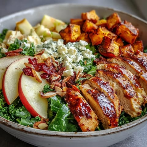 Vibrant Fall Sweet Potato Harvest Bowl with roasted chicken, caramelized sweet potatoes, fresh kale, and creamy goat cheese topped with crunchy almonds.