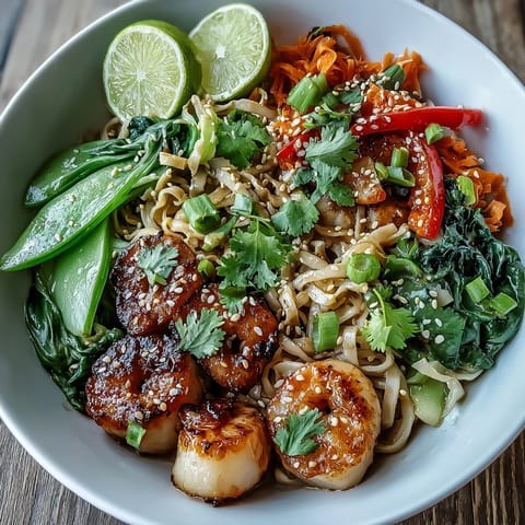 Steaming Asian Noodle Bowl with Shrimp and Scallops served in a white bowl, garnished with fresh cilantro and sesame seeds.