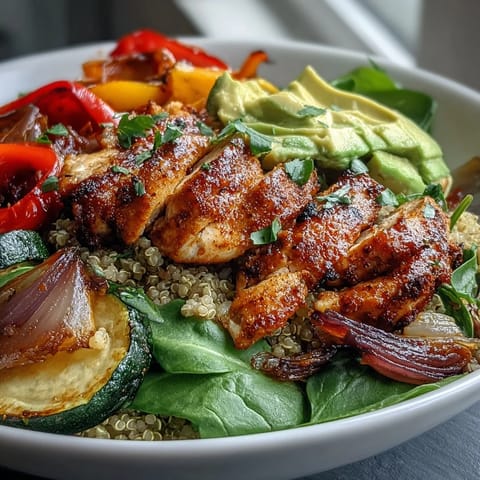 Paprika Roasted Vegetable Quinoa Bowl with golden pan-fried chicken, creamy avocado slices, and a crisp lemon salad.