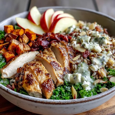 Vibrant Harvest Bowl featuring massaged kale, wild rice, roasted chicken and sweet potatoes, topped with crisp apple slices, crunchy almonds, creamy goat cheese, and a drizzle of tangy balsamic dressing. 