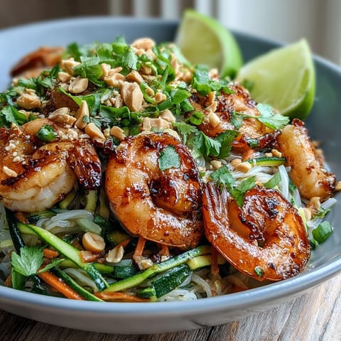 Colorful Asian Noodle Bowl with shrimp, crisp veggies, peanuts, and cilantro, served with lime wedges.