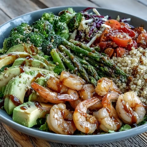 Freshly sautéed shrimp, crisp blanched broccoli, and creamy avocado slices top a vibrant bowl of fluffy quinoa and shredded red cabbage, all tossed in a tangy balsamic vinaigrette.