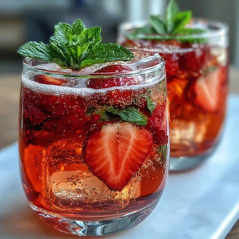 Glowing glasses of strawberry lemon mocktail with fresh mint garnish, offering a sweet-tart flavor burst in every chilled sip.