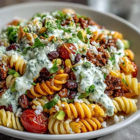 Easy Taco Pasta Salad for Summer Potlucks: A colorful bowl filled with pasta, black beans, corn, avocado, and zesty taco dressing, topped with crushed tortilla chips for crunch.