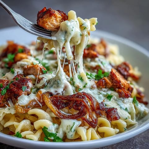 Golden chicken and penne pasta simmered in savory broth, topped with bubbly melted Gruyère and Parmesan cheese.