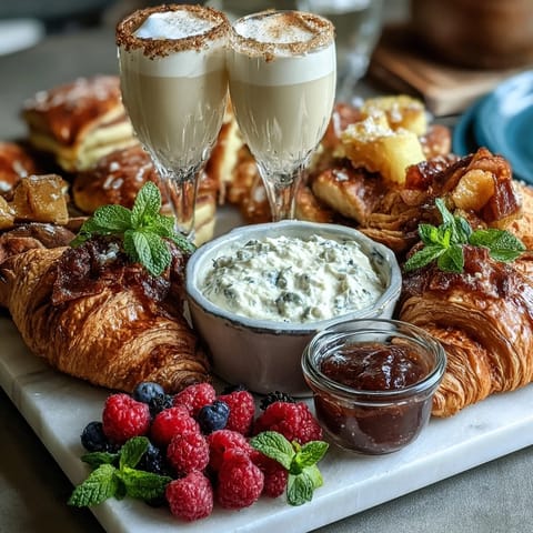 Elegant brunch spread featuring flaky croissants, juicy berries, and bubbly mimosas, ideal for a special Mother's Day gathering.