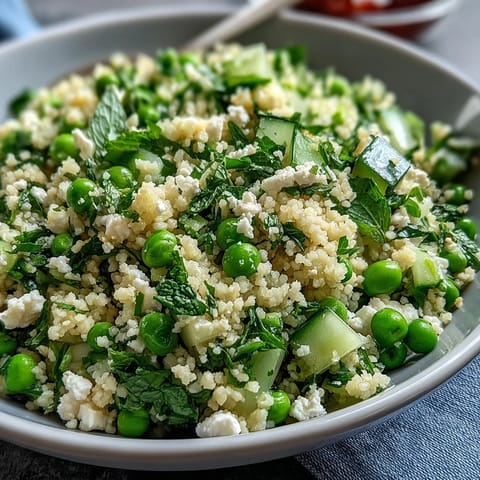 Spring Pea and Mint Couscous Salad with bright green peas and fresh herbs in a light lemon dressing.