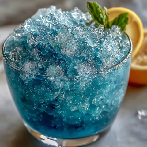Blue Raspberry Lemonade Slushie in a frosty glass, garnished with lemon slices and fresh raspberries, perfect for a hot summer day.