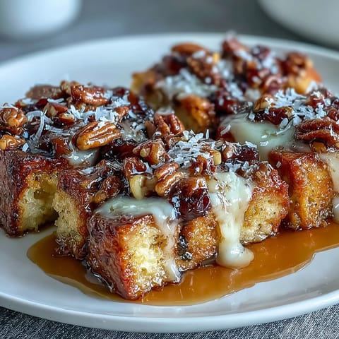 Traditional Mexican bread pudding with toasted bread, piloncillo syrup, and cheese, topped with nuts and dried fruits.