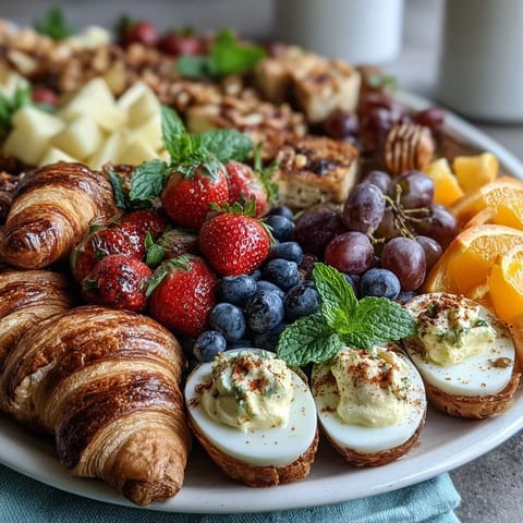 Easter Brunch Board with Deviled Eggs, Fruit, and Pastries