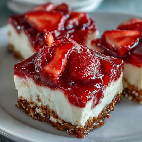 Salty pretzel crust meets sweet cheesecake and juicy strawberries in this dessert.